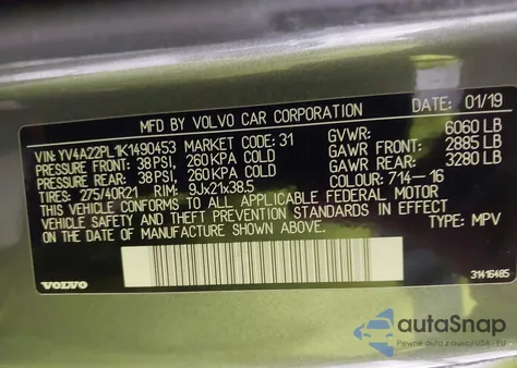 2019 Volvo Xc90 T6 Inscription из США, поврежденный, VIN YV4A22PL1K1490453